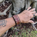 Handcrafted Genuine Brown Vegetal Leather Cuff with Brass Revit's Setting-Lifestyle Unique Gift Fashion Jewelry Bracelet