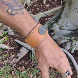 Handcrafted Genuine Brown Vegetal Leather Cuff with Brass Revit's Setting-Lifestyle Unique Gift Fashion Jewelry Bracelet