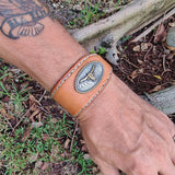 Handcrafted Genuine Brown Vegetal Leather Cuff with Brass Revit's Setting-Lifestyle Unique Gift Fashion Jewelry Bracelet