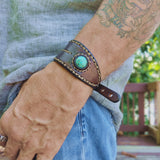 Handcrafted Genuine Brown Vegetal Leather Cuff with Firuze Stone Setting-Lifestyle Unique Gift Fashion Jewelry Bracelet-Bangle