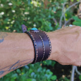 Handcrafted Genuine Brown Vegetal Leather Cuff with Firuze Stone Setting-Lifestyle Unique Gift Fashion Jewelry Bracelet-Bangle