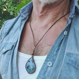 Handcrafted Genuine Leather Necklace with Blue Agate Stone Setting Pendant-Unique Unisex Gift Fashion Leather Jewelry