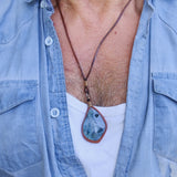 Handcrafted Genuine Leather Necklace with Blue Agate Stone Setting Pendant-Unique Unisex Gift Fashion Leather Jewelry