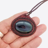 Handcrafted Genuine Vegetal Leather Necklace with Black Agate Setting Pendant-Unique Gift Unisex Fashion Leather Jewelry