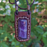 Boho Handcrafted Genuine Vegetal Leather Necklace with Purple Agate Stone Setting Pendant-Unique Gift Unisex Fashion Leather Jewelry