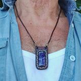 Boho Handcrafted Genuine Vegetal Leather Necklace with Purple Agate Stone Setting Pendant-Unique Gift Unisex Fashion Leather Jewelry