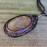 Handcrafted Genuine Vegetal Brown Leather Necklace with Orange and White Agate Stone Pendant-Unique Gift Unisex Fashion Leather Jewelry