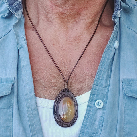 Handcrafted Genuine Vegetal Brown Leather Necklace with Orange and White Agate Stone Pendant-Unique Gift Unisex Fashion Leather Jewelry