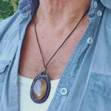 Handcrafted Genuine Vegetal Brown Leather Necklace with Orange and White Agate Stone Pendant-Unique Gift Unisex Fashion Leather Jewelry