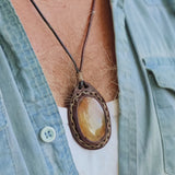 Handcrafted Genuine Vegetal Brown Leather Necklace with Orange and White Agate Stone Pendant-Unique Gift Unisex Fashion Leather Jewelry
