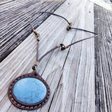 Handcrafted Boho Brown Leather Necklace with Turquoise Stone setting - Quality Unisex Fashion Leather Jewelery