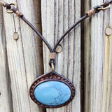 Handcrafted Boho Brown Leather Necklace with Turquoise Stone setting - Quality Unisex Fashion Leather Jewelery