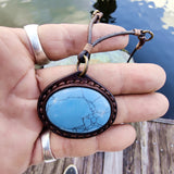 Handcrafted Boho Brown Leather Necklace with Turquoise Stone setting - Quality Unisex Fashion Leather Jewelery