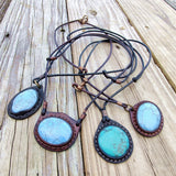 Handcrafted Boho Brown Leather Necklace with Turquoise Stone setting - Quality Unisex Fashion Leather Jewelery