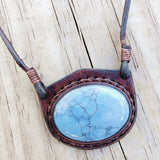 Boho Handcrafted Genuine Leather Necklace with Turquoise Stone setting  - Quality Unisex Fashion Leather Jewelery