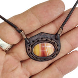Handcrafted Genuine Vegetal Leather Necklace with Amber Agate Setting Pendant-Unique Unisex Gift Fashion Leather Jewelry