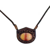 Handcrafted Genuine Vegetal Leather Necklace with Amber Agate Setting Pendant-Unique Unisex Gift Fashion Leather Jewelry