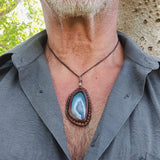 Boho Handcrafted Genuine Vegetal Leather Necklace with Green and White Agate Stone Pendant-Unique Gift Unisex Fashion Jewelry