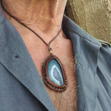 Boho Handcrafted Genuine Vegetal Leather Necklace with Green and White Agate Stone Pendant-Unique Gift Unisex Fashion Jewelry