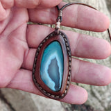 Boho Handcrafted Genuine Vegetal Leather Necklace with Green and White Agate Stone Pendant-Unique Gift Unisex Fashion Jewelry