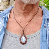 Handcrafted Genuine Vegetal Leather Necklace with White Agate Setting- Unique Gift Unisex Fashion Jewelry