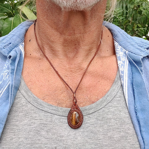 Boho Handcrafted Genuine Leather Necklace with Tiger Eye Stone-Lifestyle Unique Gift Unisex Fashion Leather Jewelry