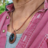 Boho Handcrafted Genuine Vegetal Leather Necklace with Black Agate Stone-Lifestyle Unique Gift Unisex Fashion Leather Jewelry