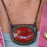 Boho Handcrafted Genuine Vegetal Leather Necklace with Red Agate Stone Pendant-Unique Gift Unisex Fashion Leather Jewelry Choker