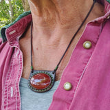 Boho Handcrafted Genuine Vegetal Leather Necklace with Red Agate Stone Pendant-Unique Gift Unisex Fashion Leather Jewelry Choker