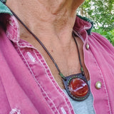 Boho Handcrafted Genuine Vegetal Leather Necklace with Red Agate Stone Pendant-Unique Gift Unisex Fashion Leather Jewelry Choker