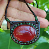 Boho Handcrafted Genuine Vegetal Leather Necklace with Red Agate Stone Pendant-Unique Gift Unisex Fashion Leather Jewelry Choker