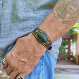 Handcrafted Genuine Brown Vegetal Leather Cuff with Green Agate Stone Setting-Lifestyle Unique Gift Fashion Jewelry Bracelet-Bangle