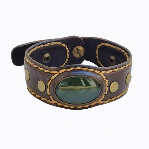 Handcrafted Genuine Brown Vegetal Leather Cuff with Green Agate Stone Setting-Lifestyle Unique Gift Fashion Jewelry Bracelet-Bangle
