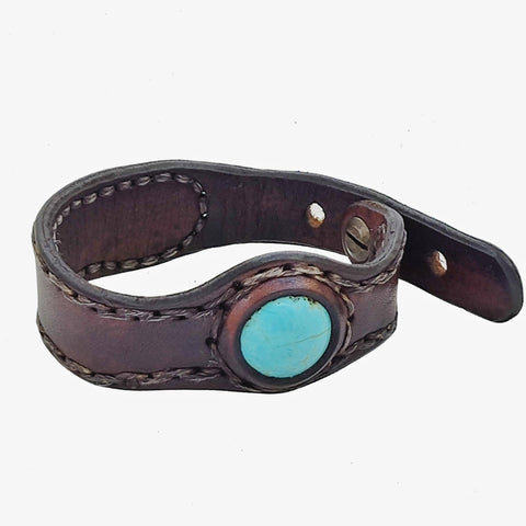 Handcrafted Genuine Brown Vegetal Leather Cuff with Firuze Stone Setting-Lifestyle Unique Gift Fashion Jewelry Bracelet