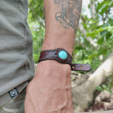 Handcrafted Genuine Brown Vegetal Leather Cuff with Firuze Stone Setting-Lifestyle Unique Gift Fashion Jewelry Bracelet
