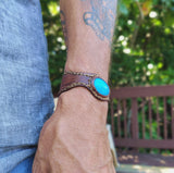 Handcrafted Genuine Brown Vegetal Leather Cuff with Firuze Stone Setting-Lifestyle Unique Gift Fashion Jewelry Bracelet-Bangle