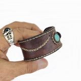 Handcrafted Genuine Brown Vegetal Leather Cuff with Firuze Stone Setting-Lifestyle Unique Gift Fashion Jewelry Bracelet