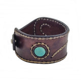Handcrafted Genuine Brown Vegetal Leather Cuff with Firuze Stone Setting-Lifestyle Unique Gift Fashion Jewelry Bracelet