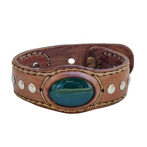 Handcrafted Genuine Brown Vegetal Leather Cuff with Green Agate Stone Setting-Lifestyle Unique Gift Fashion Jewelry Bracelet-Bangle