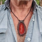 Boho Handcrafted Genuine Vegetal Leather Necklace with Red Agate Stone Pendant-Unique Gift Unisex Fashion Leather Jewelry