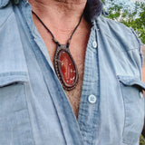 Boho Handcrafted Genuine Vegetal Leather Necklace with Red Agate Stone Pendant-Unique Gift Unisex Fashion Leather Jewelry