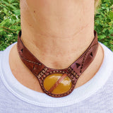Boho Handcrafted Genuine Vegetal Leather Choker with Yellow Agate Stone Setting-Unique Women's Gift Fashion Jewelry with Natural Stone