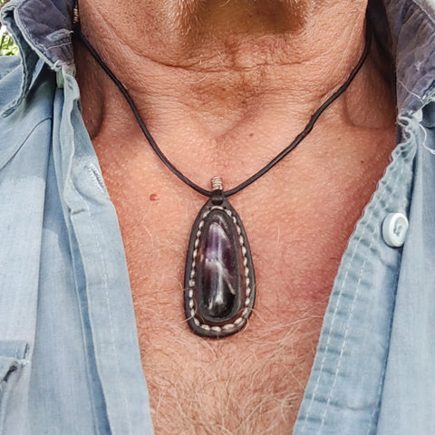 Boho Handcrafted Genuine Brown Leather Necklace with Purple Agate Stone Pendant-Unique Lifestyle Gift Unisex Fashion Leather Jewelry