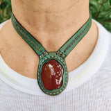 Boho Handcrafted Genuine Vegetal Leather Choker with Red Agate Stone-Unisex Gift Fashion Jewelry with Natural Stone