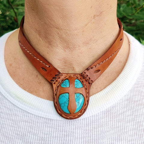 Boho Handcrafted Genuine Vegetal Leather Choker with Turquoise-Firuze Stone-Unisex Gift Fashion Jewelry with Natural Stone