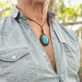 Handcrafted Genuine Brown Vegetal Leather Necklace with Firuze Stone setting-Unique Lifestyle Gift Unisex Fashion Leather Jewelry