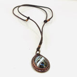 Boho Handcrafted Genuine Leather Necklace with Black Agate with White Stripes Setting-Unique Gift Unisex Fashion Leather Jewelry