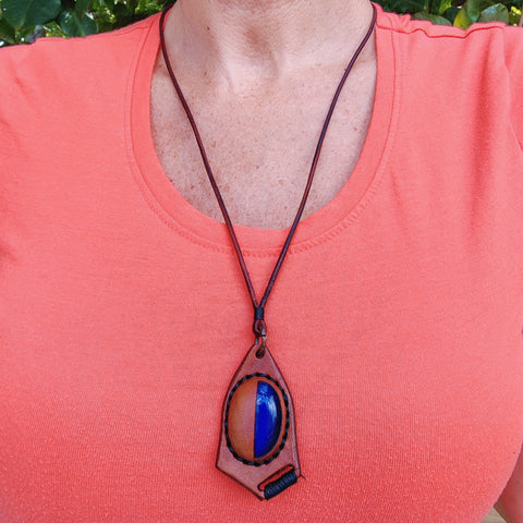 Bohemian Handcrafted Genuine Vegetal Brown Leather Necklace with Blue Cat Eye Stone-Lifestyle Unique Gift Unisex Fashion Leather Jewelry