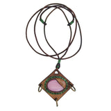 Bohemian Handcrafted Genuine Vegetal Brown Leather Necklace with Pink Cat Eye Stone-Lifestyle Unique Gift Unisex Fashion Leather Jewelry