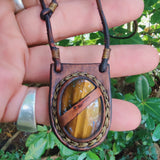 Bohemian Handcrafted Brown Vegetal Leather Necklace with Tiger Eye Stone setting - Quality Unisex Gift Fashion Leather Jewelry